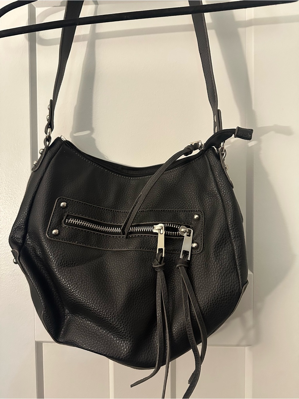 Jaclyn Smith Black Pebbled Shoulder Bag with Front Zip and Tassels